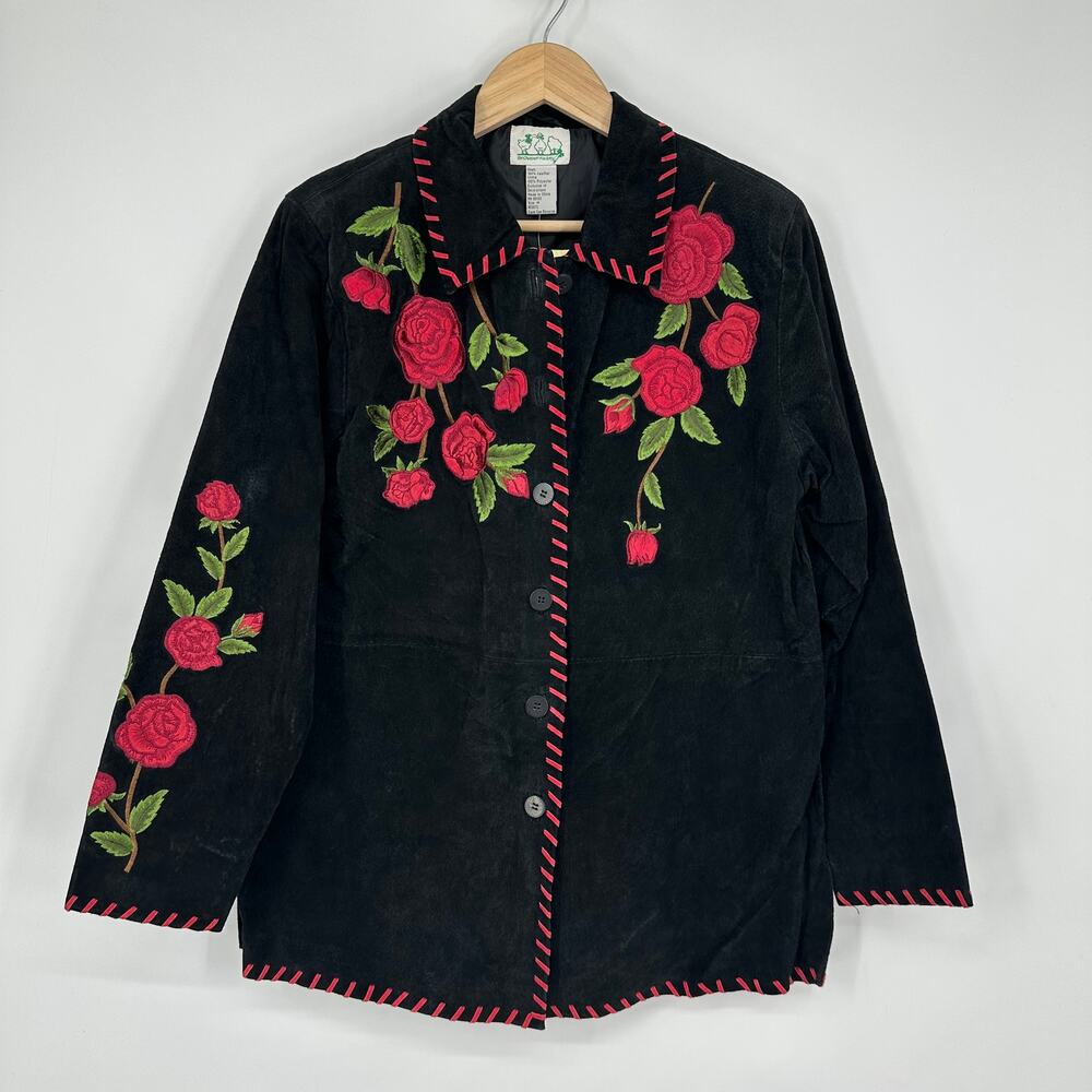 Vintage 90's Suede Jacket Embroidered Floral Rose Western Leather Jacket
